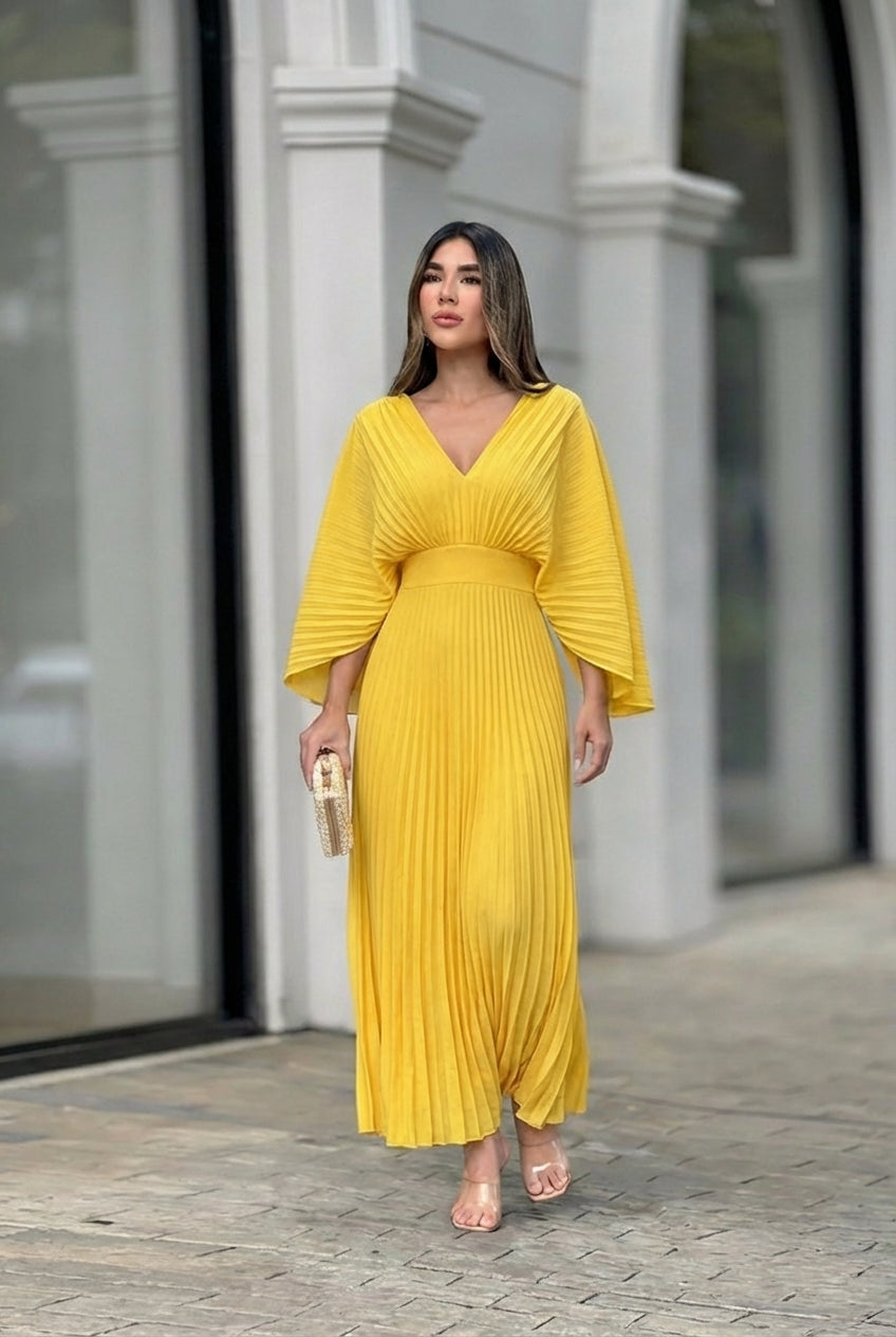 Flowing pleated maxi evening gown for women, with elegant kimono sleeves, ideal for special occasion wear.