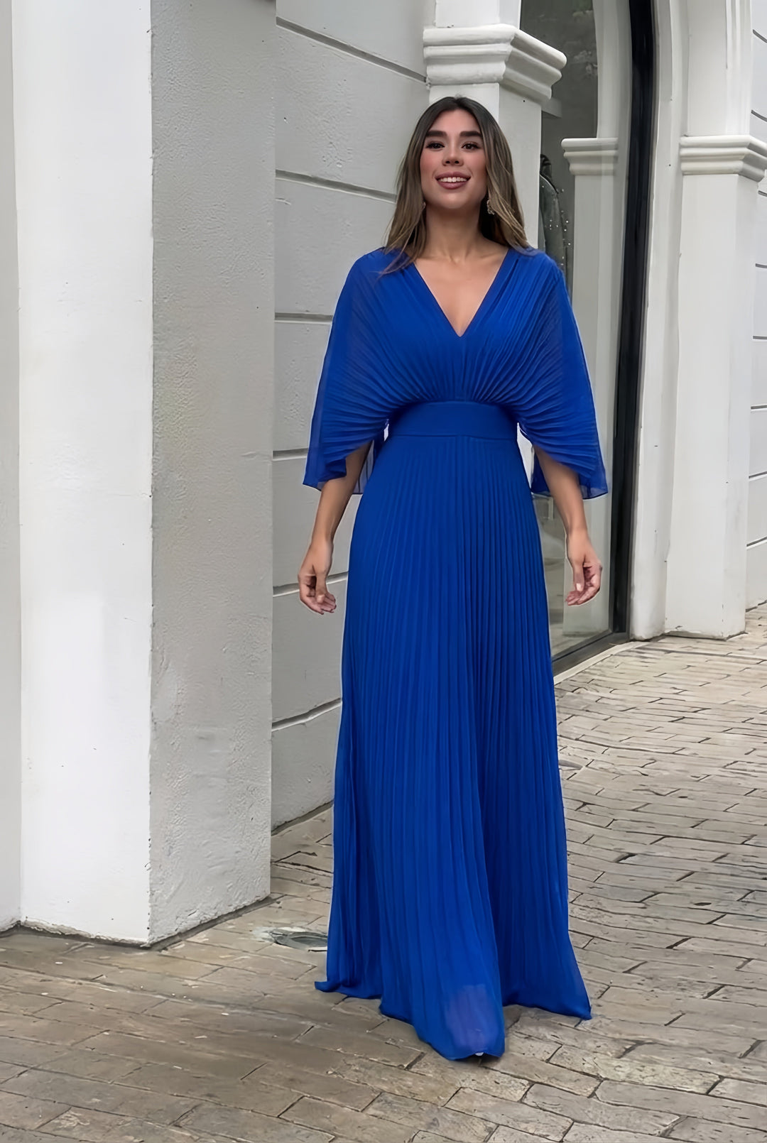 Flattering women's pleated maxi dress, a long evening gown with flowing kimono sleeves & comfortable V-neck.