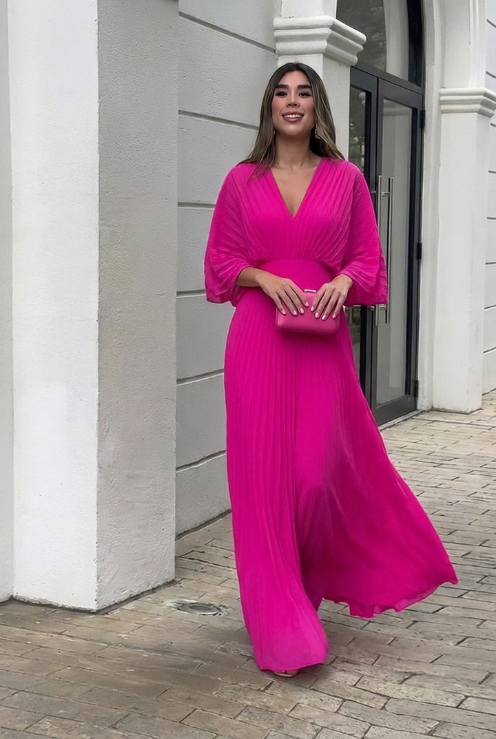 Women's elegant pleated maxi dress, a formal long evening gown with kimono sleeves and stylish V-neck design.