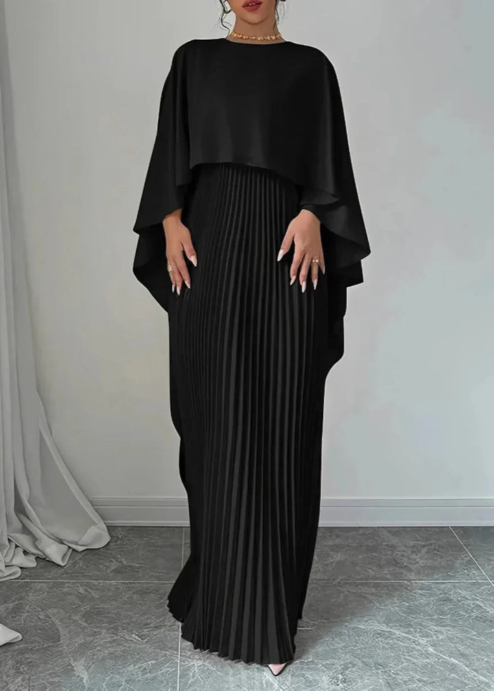 Sophisticated women's pleated cape maxi dress with a flowing silhouette, ideal for formal evening parties.