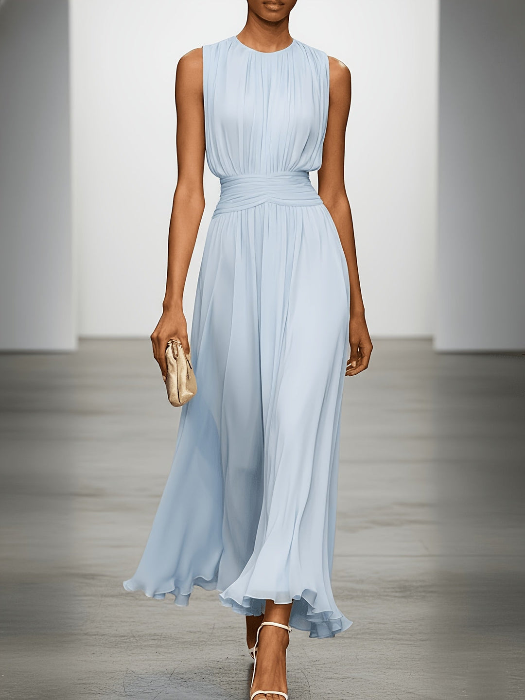 Chic wedding guest maxi dress; sleeveless, pleated, with a flattering ruched waist for special occasions.