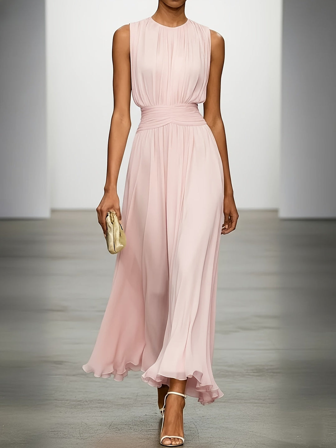 Stylish women's maxi wedding guest dress with delicate pleats & a flattering ruched waist for parties.