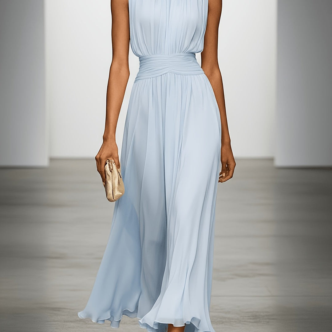 Light & elegant pleated maxi dress for women with ruched waist, perfect summer style for special occasions.