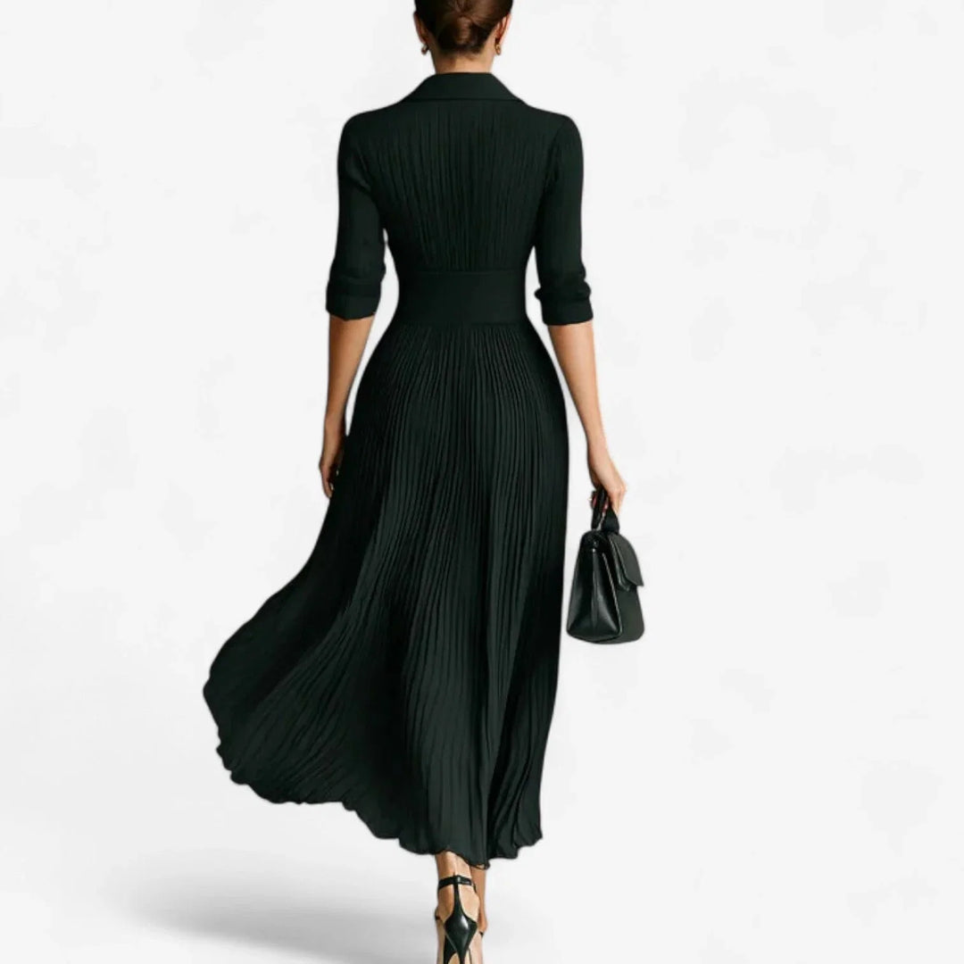 Sophisticated women's V-neck pleated maxi dress with a chic fitted waist. Ideal long dress for special events.