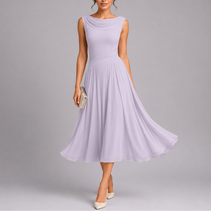 Elegant women's pleated midi dress in a rich color, perfect for formal occasions, parties & evening events.