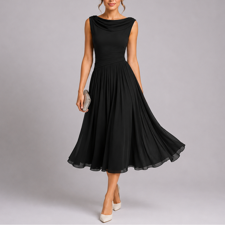 Feminine pleated midi dress with elegant drape, ideal for formal parties, evening wear & special events.