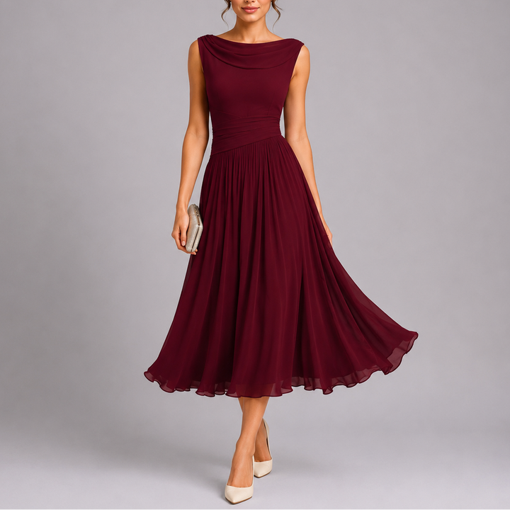Versatile women's formal midi dress with elegant pleats, suitable for weddings, galas & special events.