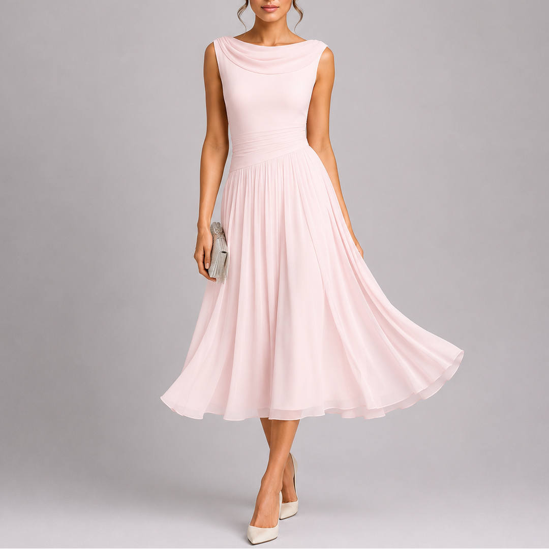 Close-up of the elegant pleating on a women's midi dress, highlighting the formal and stylish design.