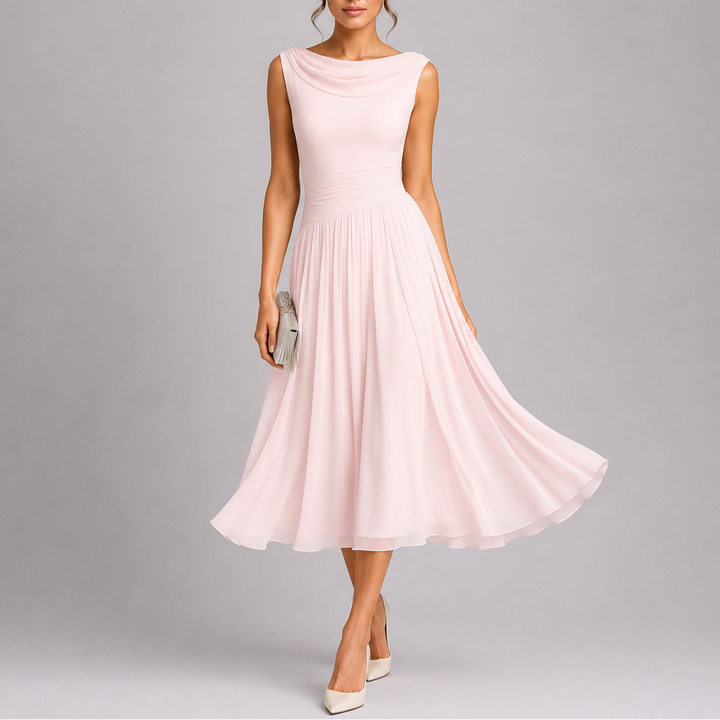 Close-up of the elegant pleating on a women's midi dress, highlighting the formal and stylish design.