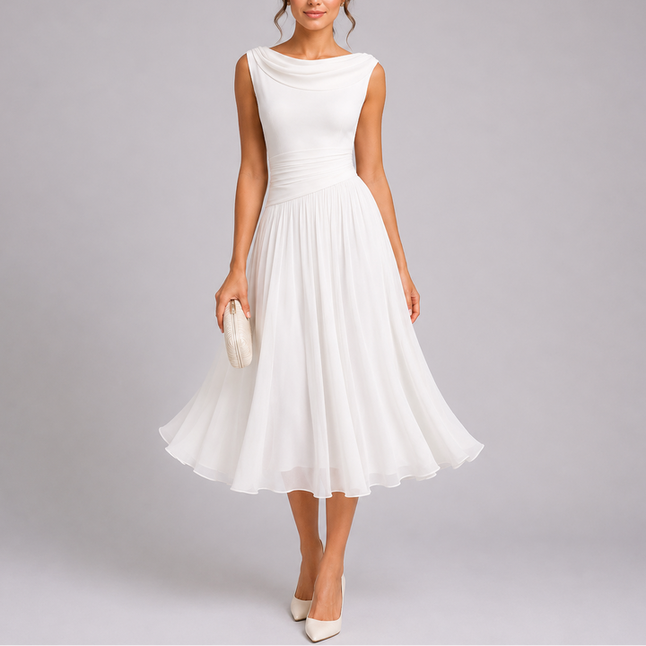 Women's elegant party dress: a pleated midi style with a sophisticated drape for any special occasion.