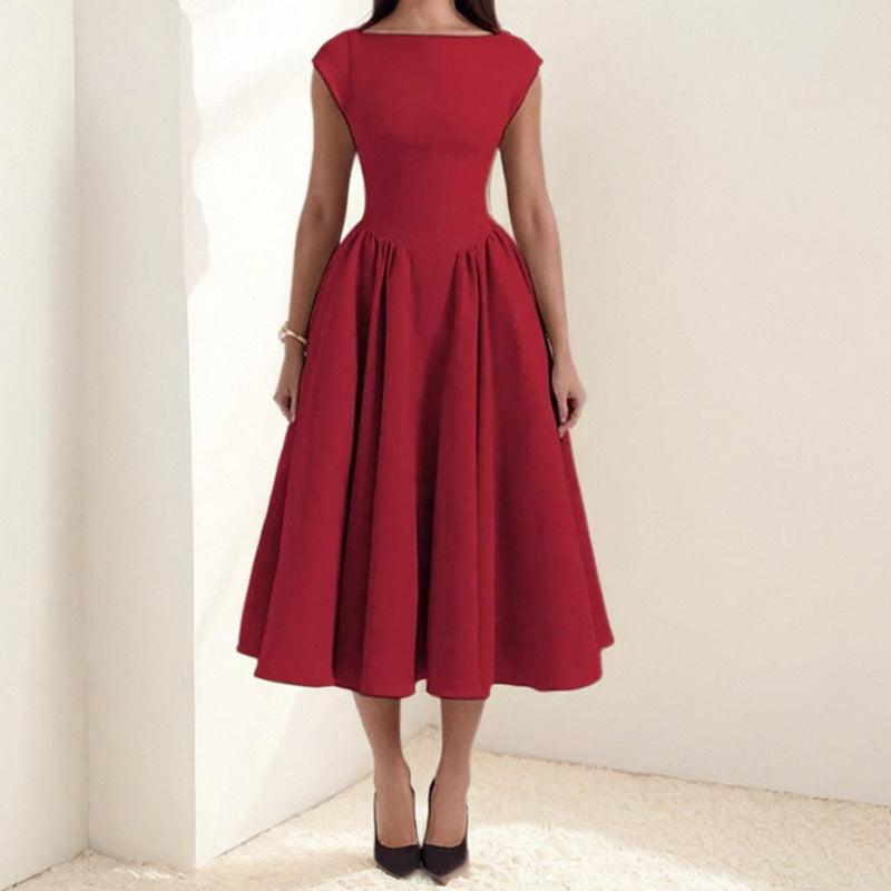 Versatile women's elegant midi dress with flowing pleats, ideal for spring, summer, and special occasions.