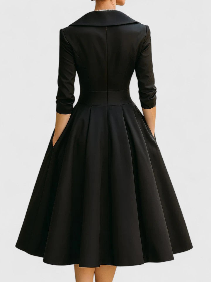 Women's elegant pleated midi dress with wrap bodice, a timeless piece for formal events, holiday, or summer fashion.