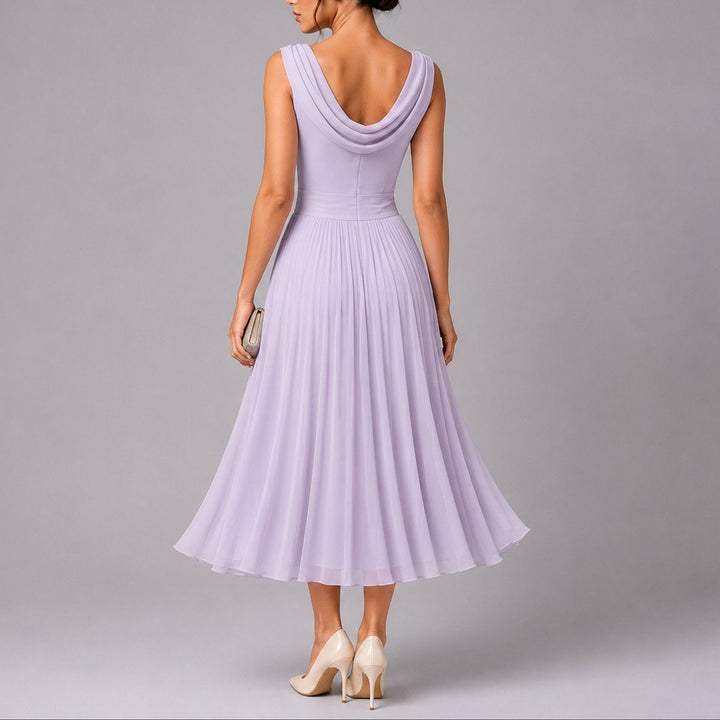 Elegant women's pleated midi dress with draped neckline, perfect for autumn wedding guests & formal events.