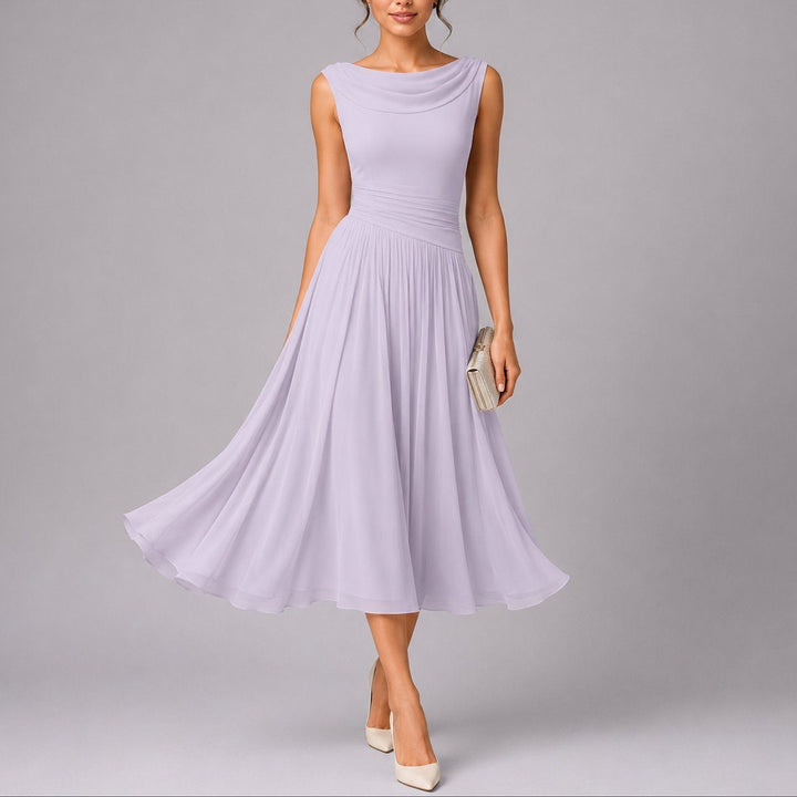 Sleeveless pleated midi dress for women, featuring a sophisticated draped neckline, ideal for autumn occasions.