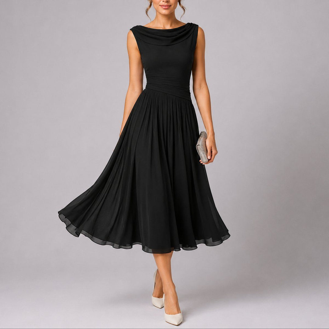 Autumn wedding guest dress: elegant pleated midi for women with draped neckline, perfect for formal special events.