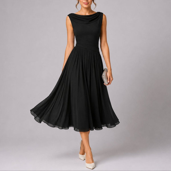 Autumn wedding guest dress: elegant pleated midi for women with draped neckline, perfect for formal special events.