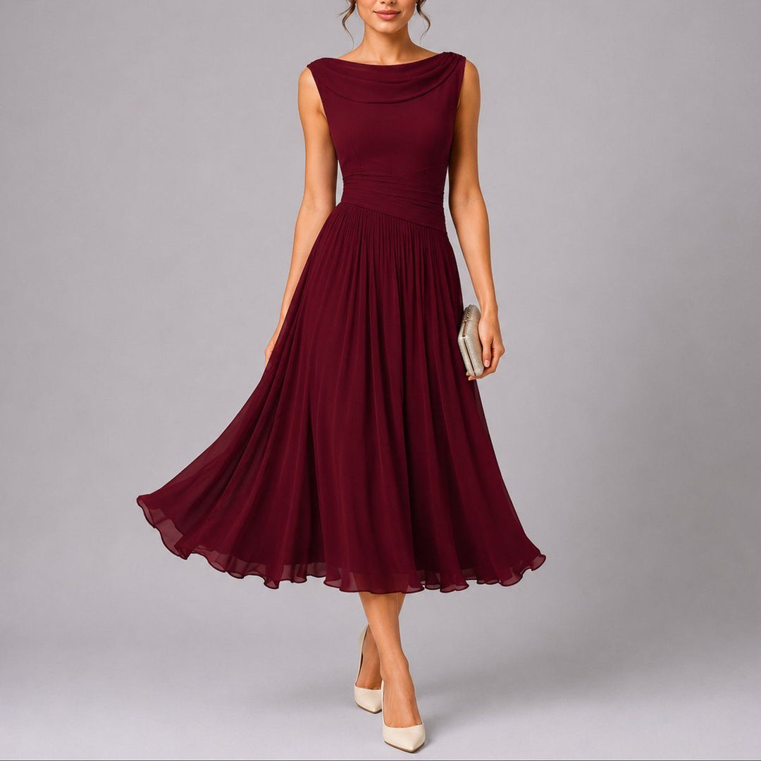 Sophisticated women's pleated midi dress in an elegant autumn hue, sleeveless with a beautiful draped neckline.