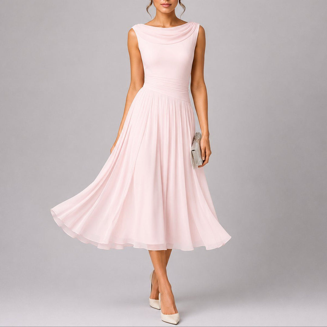 Formal women's sleeveless pleated midi dress. Elegant draped neckline for autumn weddings & special occasions.