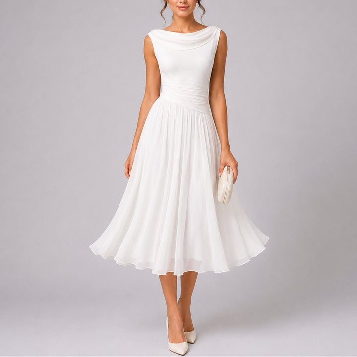 Beautiful women's elegant pleated midi dress with draped neckline, suitable for autumn weddings & formal events.