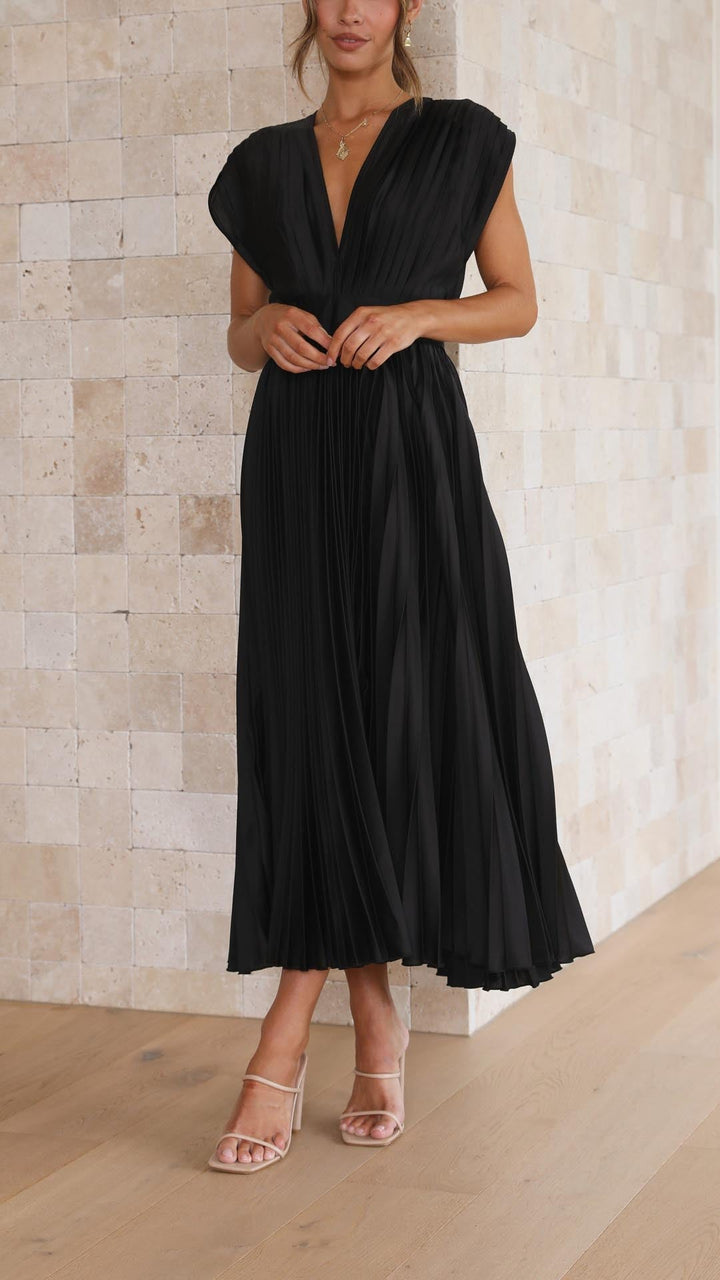 Elegant women's V-neck midi dress with delicate pleats, ideal for wedding guests.