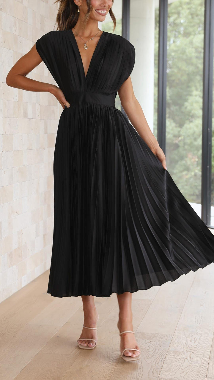 Women's elegant V-neck pleated midi dress, perfect for weddings, parties, and events.