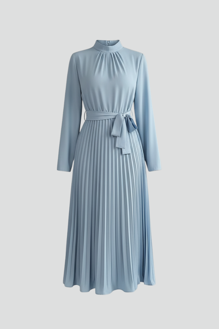 Elegant women's pleated mock neck midi dress, perfect for wedding guests & special occasions.