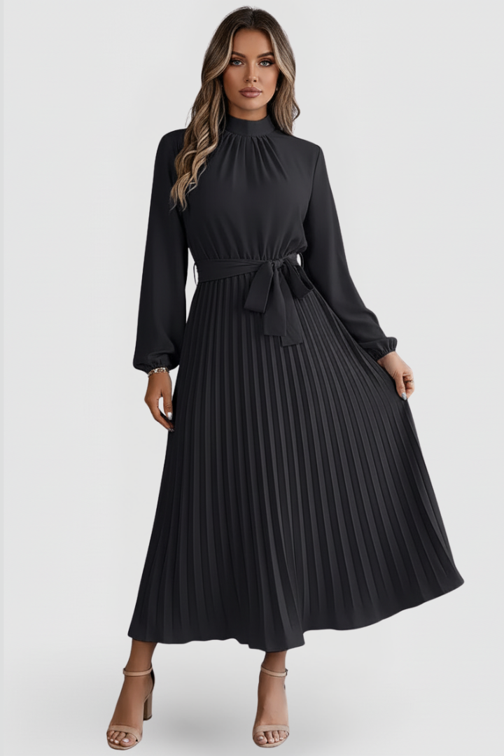 Women's pleated mock neck midi dress. Elegant wedding guest, party, or formal occasion apparel.