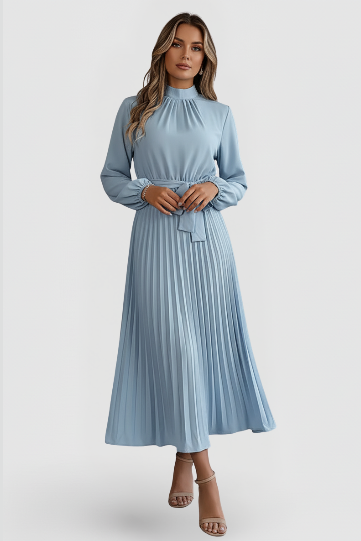 Chic women's midi dress with pleated detail & mock neck, ideal for formal events & parties.