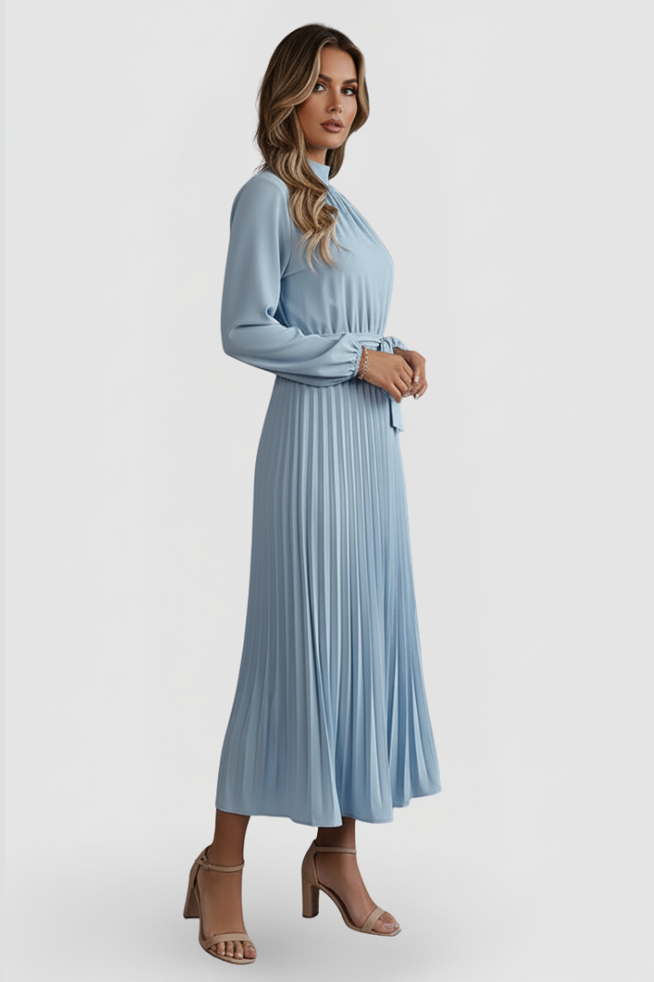 Stylish pleated mock neck midi dress for women, suitable as a wedding guest or cocktail dress.