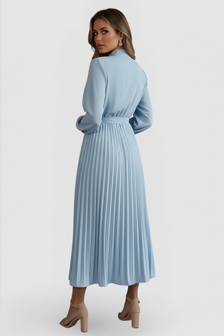 Elegant women's mock neck midi dress, pleated for a sophisticated wedding guest or party look.