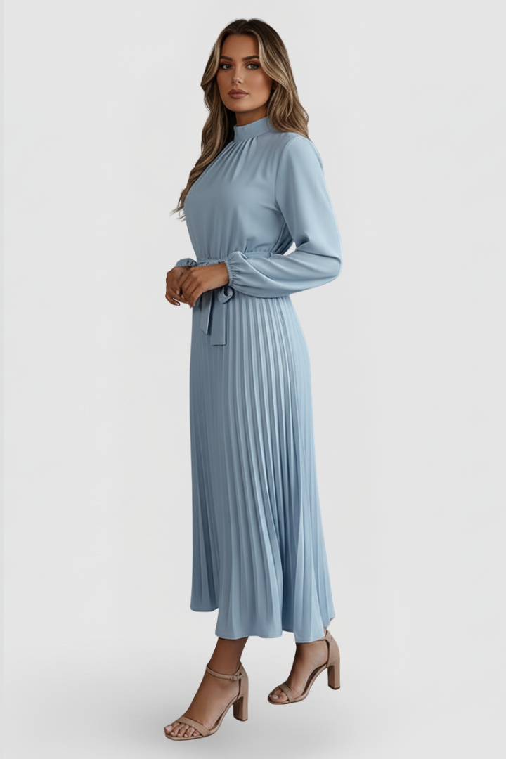 Formal women's pleated midi dress with a mock neck, great for wedding guests and special events.