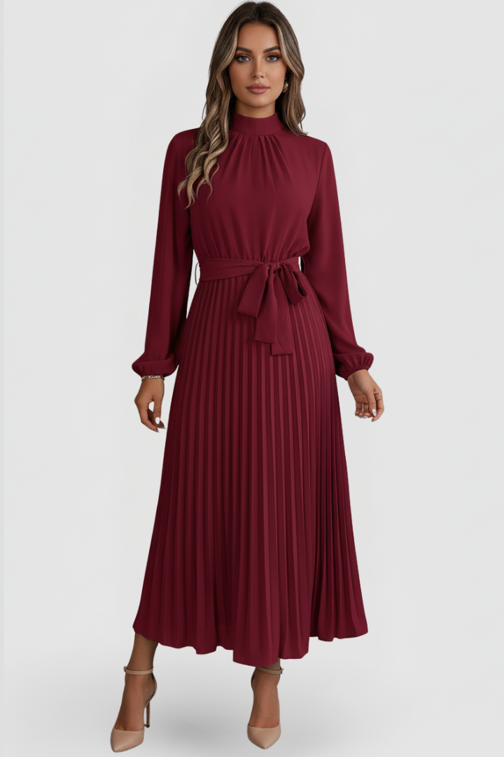 Wedding guest midi dress for women, elegantly pleated with a mock neck for special occasions.