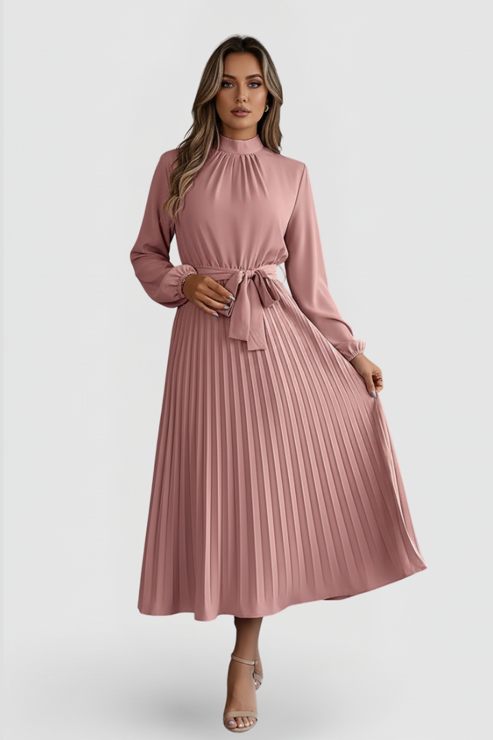 Sophisticated pleated mock neck midi cocktail dress for women, ideal for party or formal wear.