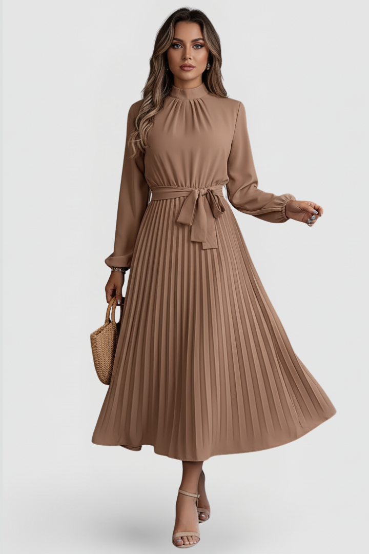 Women's special occasion midi dress with elegant pleats & a stylish mock neck, formal apparel.