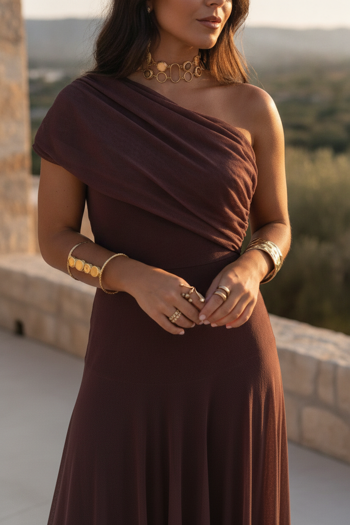 Elegant women's pleated one-shoulder maxi dress, perfect for summer occasions & wedding guests.