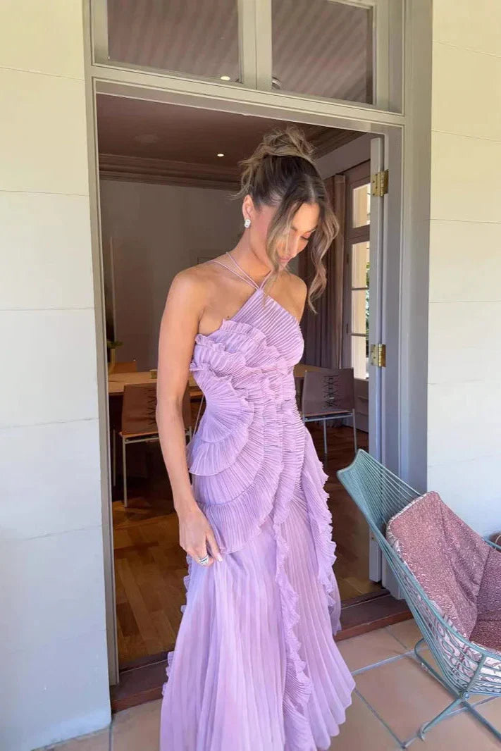 Ruffled long evening dress for women, pleated details, perfect for elegant occasions.