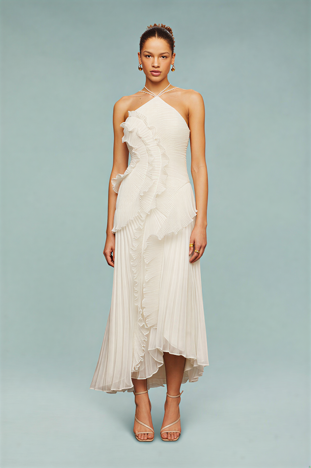 Beautiful women's maxi dress, pleated with ruffles, great for any special elegant occasion.