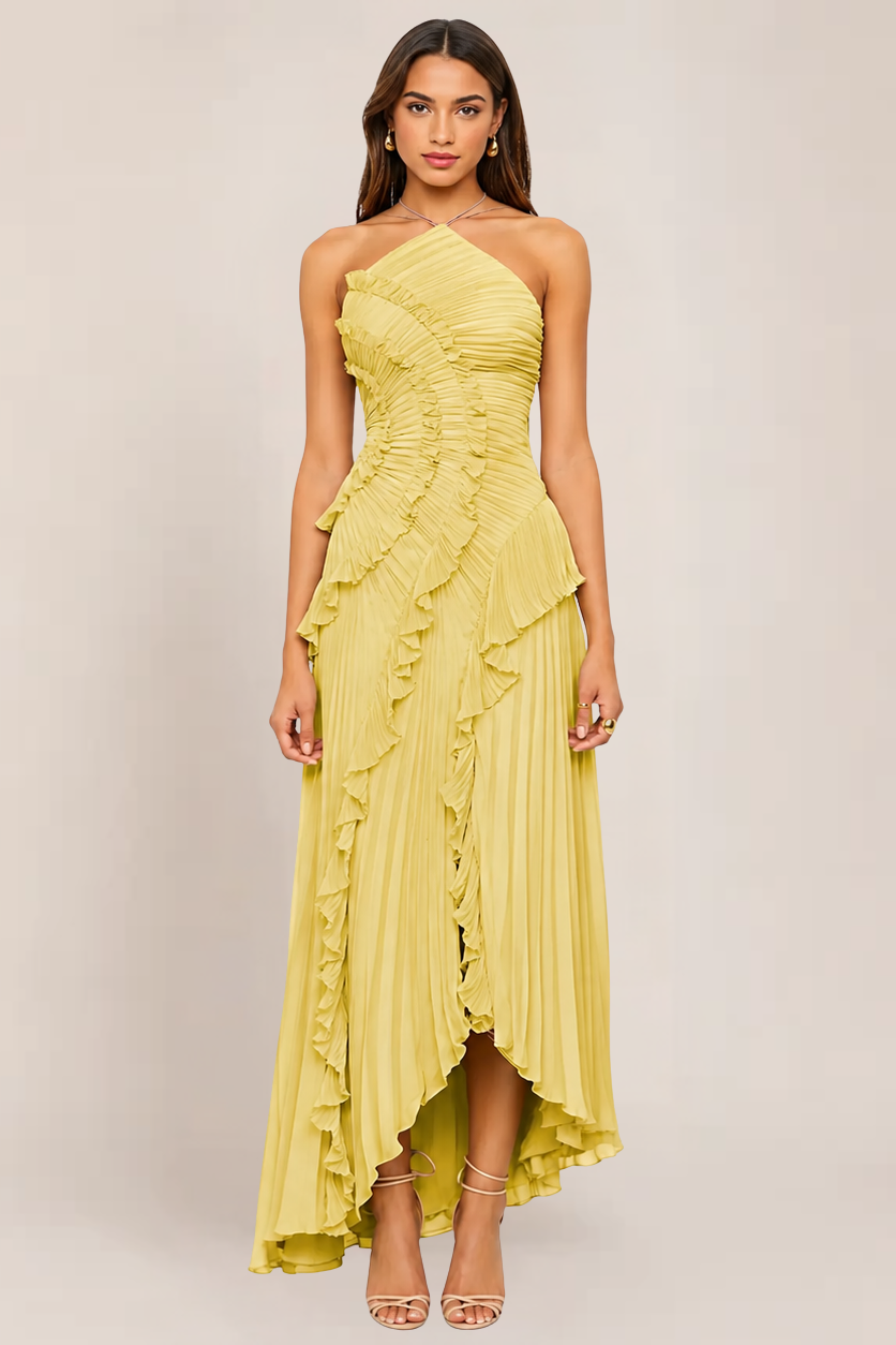 Chic women's evening dress, long and pleated with attractive ruffles for parties.