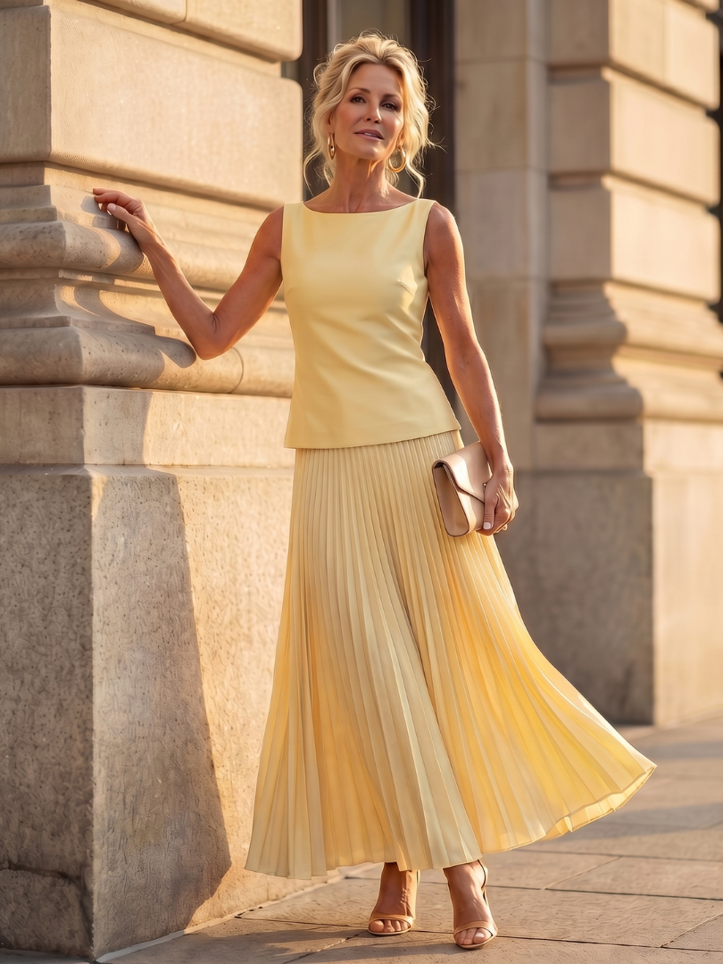 Elegant women's pleated skirt set with structured bodice. Perfect for formal events or sophisticated casual chic.