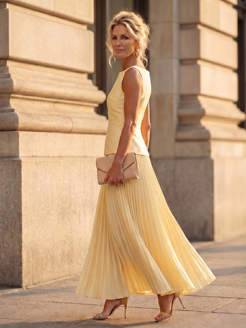 Chic two-piece women's set: sleeveless structured top & elegant midi pleated skirt. Ideal for summer style.
