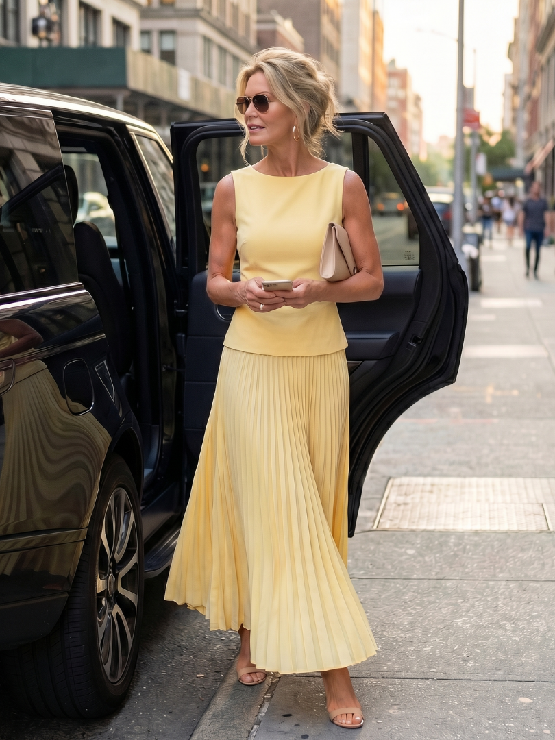 Structured bodice & pleated midi skirt women's set. Elegant sleeveless design for formal or casual chic.