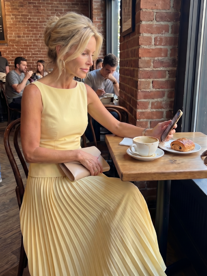 Elegant pleated midi skirt & structured top two-piece set for women's fashion. Versatile formal outfit.