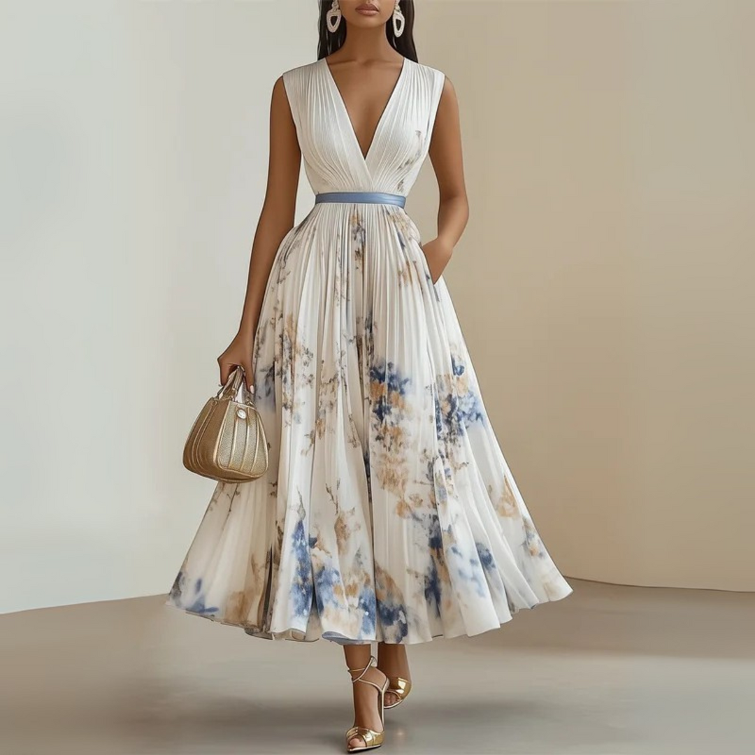 Flowy elegant V-neck pleated maxi dress for women, ideal as a summer vacation or party dress.