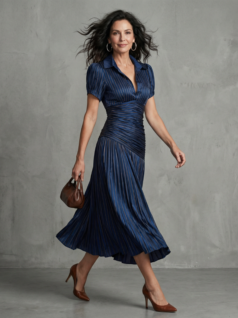 Elegant women's pleated stripe midi dress with collar & short sleeves for everyday wear.