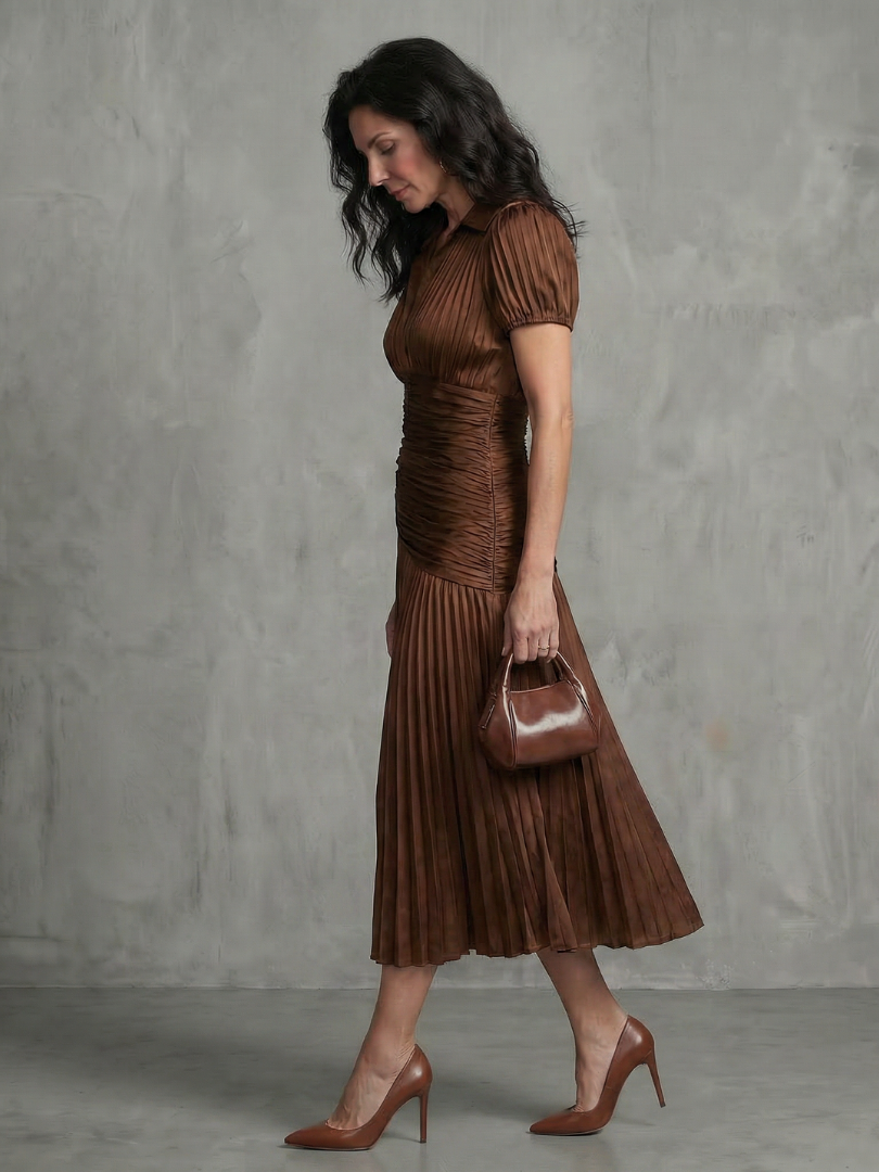 Everyday elegant women's collared midi dress with stylish pleats and classic stripes.
