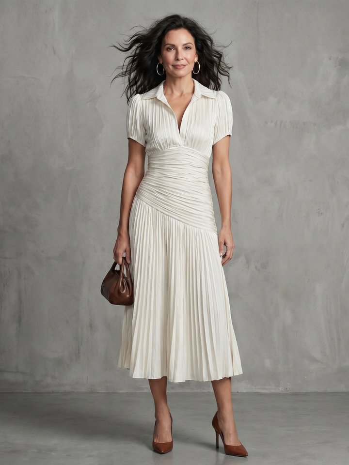 Casual yet elegant women's collared pleated stripe midi dress for versatile everyday wear.