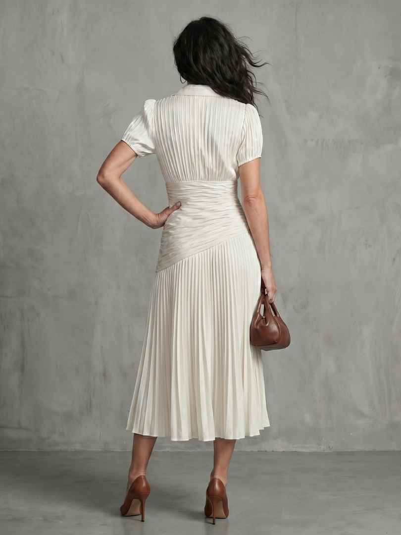 Women's summer pleated stripe midi dress for sophisticated everyday and casual occasions.