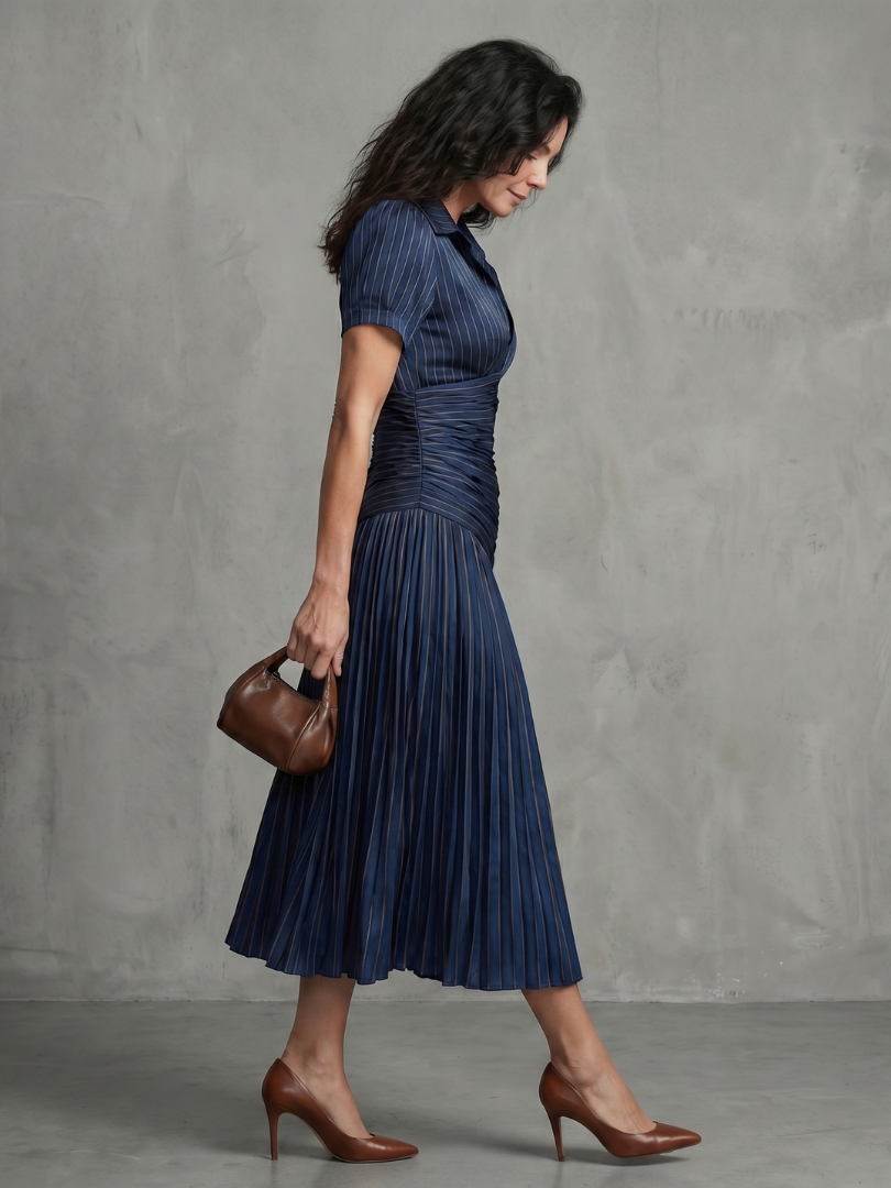Women's everyday pleated midi dress with chic stripes, collar, and short sleeves.