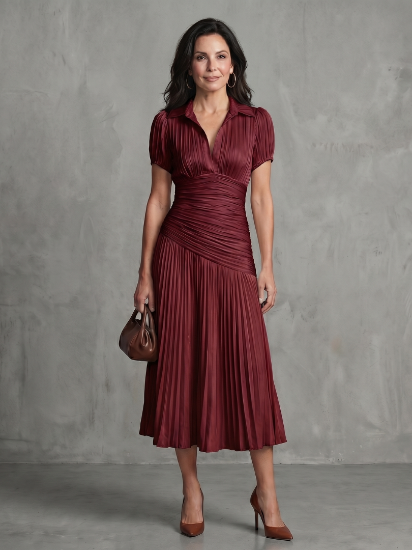 Spring/summer women's collared pleated stripe midi dress, perfect for elegant daily wear.