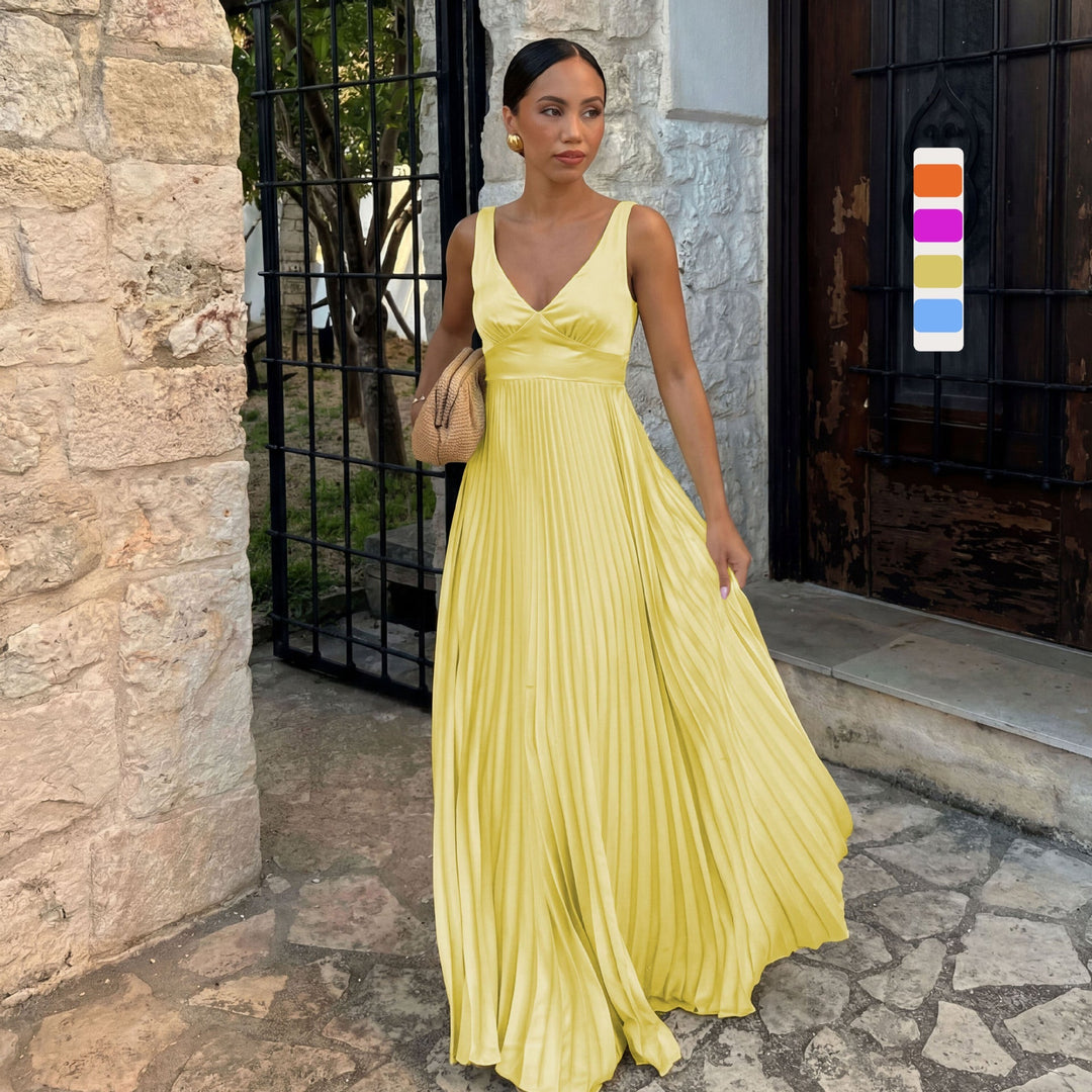 Elegant women's pleated V-neck maxi dress, perfect for weddings, galas & formal evening special occasions.